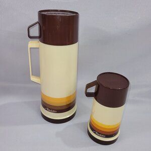 Aladdin 2 Vintage 1980s Brown Striped 6" & 12" Thermos Set Water Jug Soup Hot